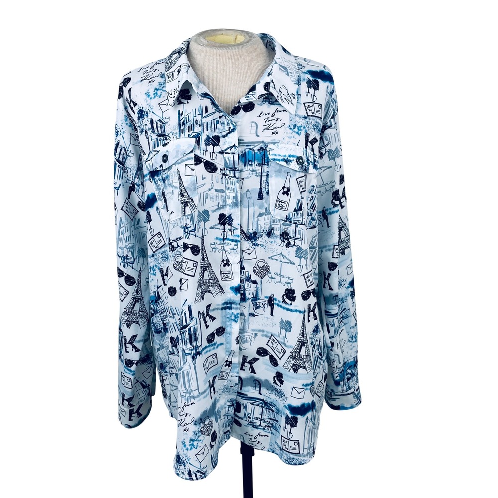 Karl Lagerfeld Paris Blue White Eiffel Tower Sketch Print Button Down Shirt